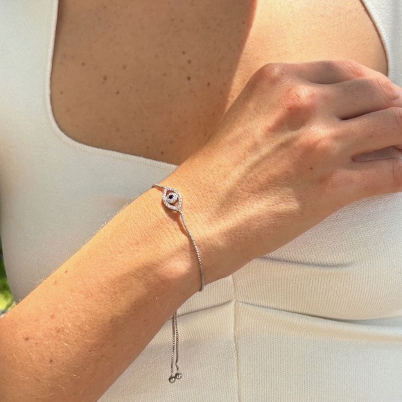 ADORNIA WHITE RHODIUM PLATED PACE SWAROVSKI CRYSTAL EVIL EYE LARIAT BRACELET - Picture 5 of 5